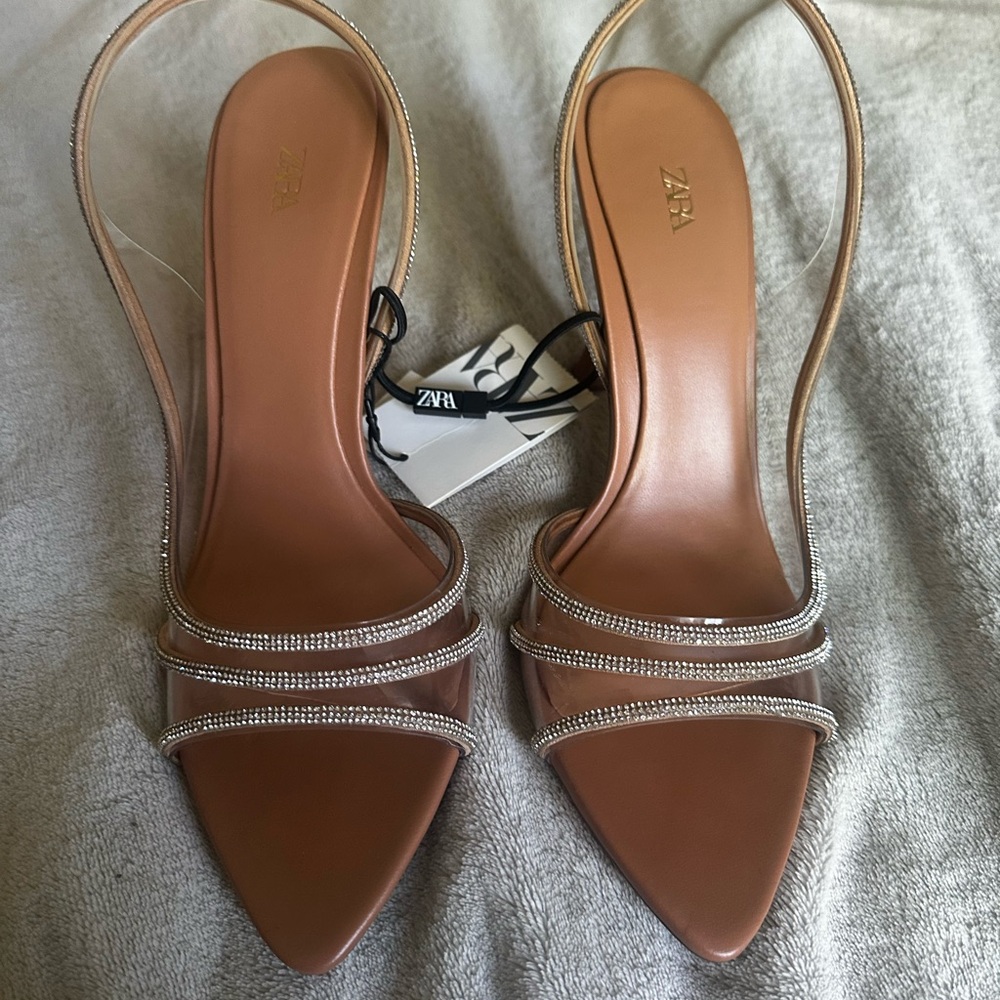 ZARA Brown Pointed Slingback Sandals with Crystal Straps